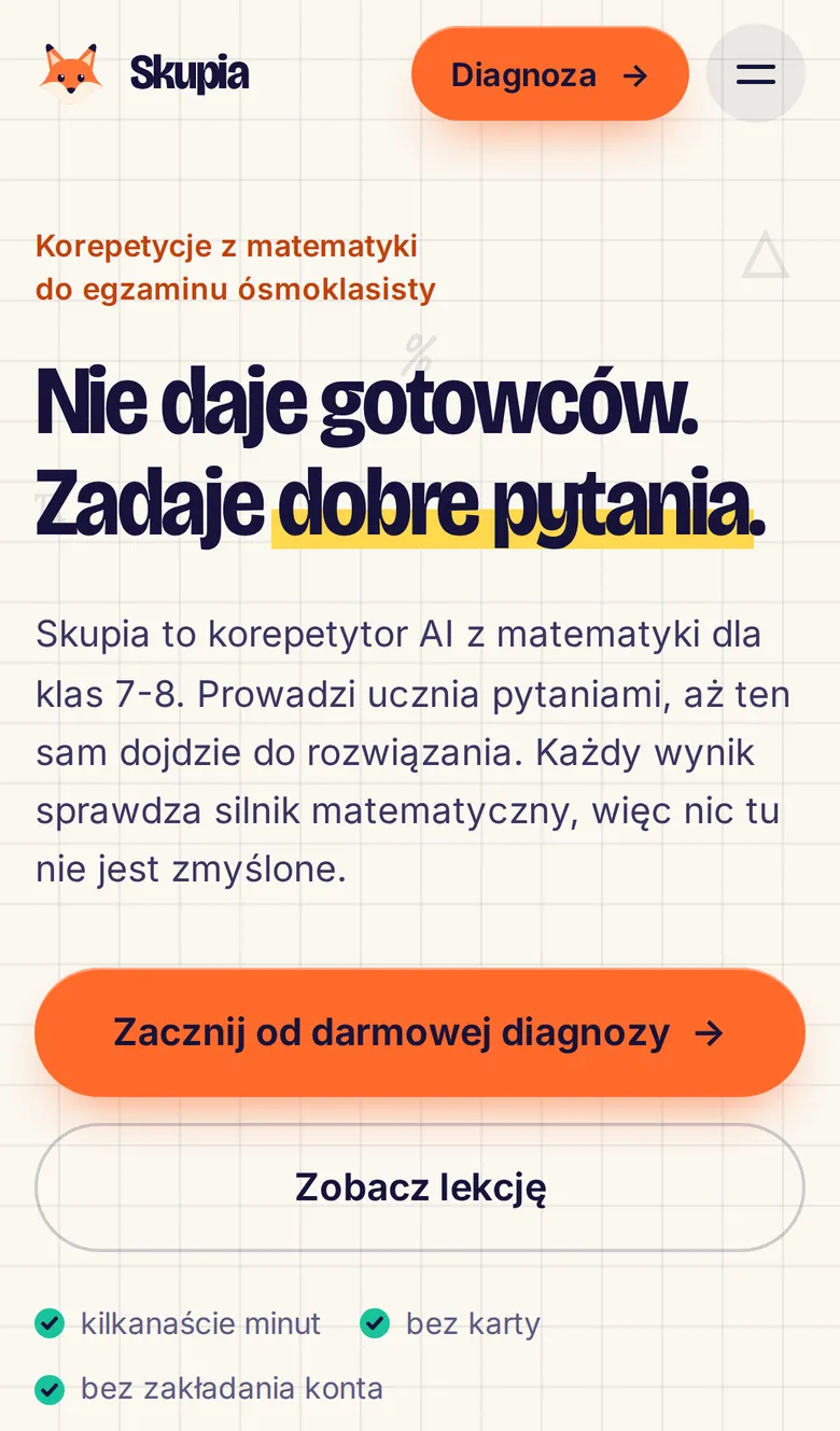 Skupia na telefonie: początek strony z hasłem i przyciskiem darmowej diagnozy