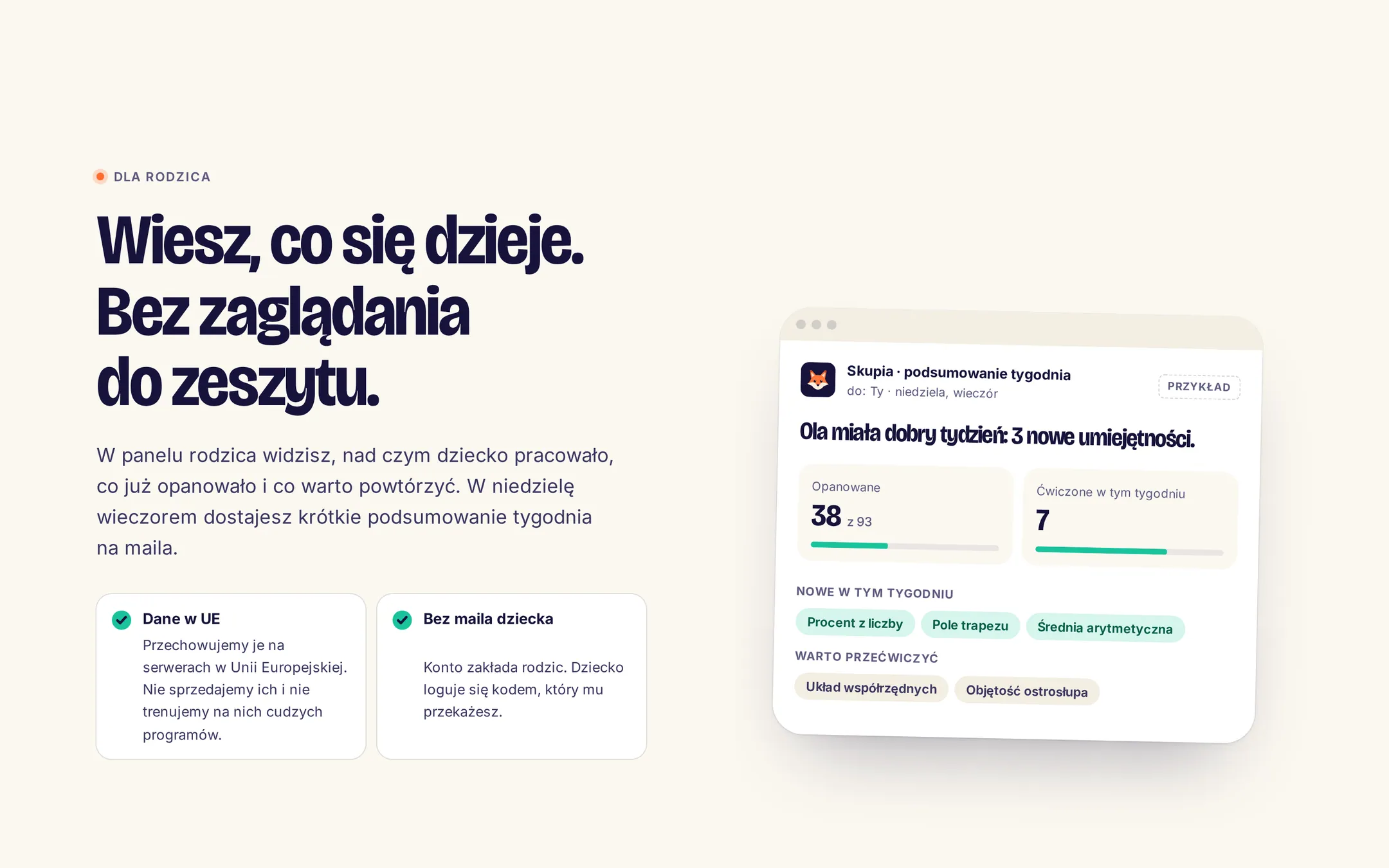 Skupia: sekcja dla rodzica z przykładowym mailem podsumowującym tydzień nauki dziecka