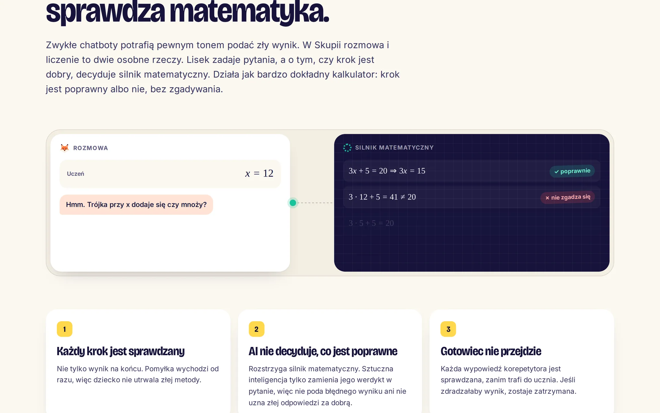 Skupia: schemat z dwoma torami, po lewej rozmowa z uczniem, po prawej silnik matematyczny oznaczający kroki jako poprawne albo niezgodne