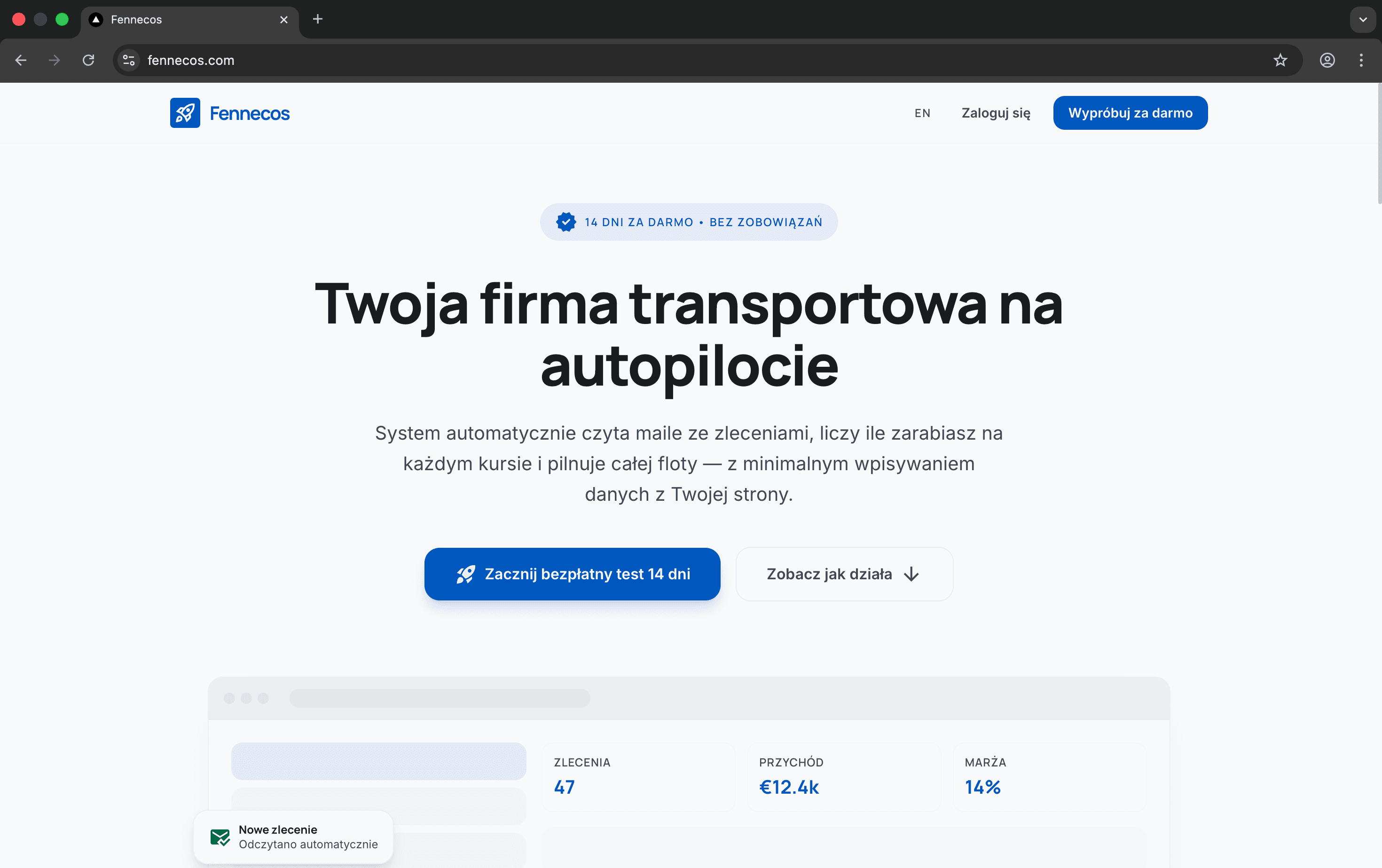 Fennecos: strona główna platformy z podglądem panelu zleceń
